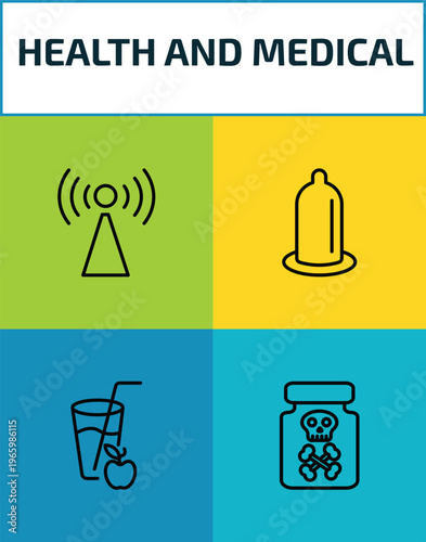 health and medical outline icon set. 4 linear vector for ui, web and mobile. thin line non ionizing radiation, condom, juice, poisonous icons.