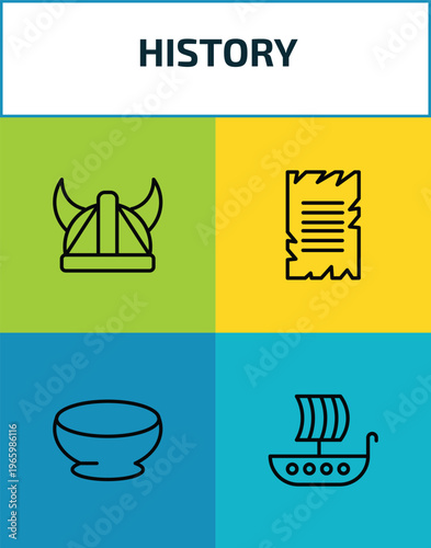 history outline icon set. 4 linear vector for ui, web and mobile. thin line viking helmet, old paper, bowl, viking ship icons.