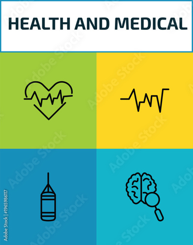 health and medical outline icon set. 4 linear vector for ui, web and mobile. thin line cardiology, beat, punching bag, neurology icons.