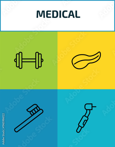 medical outline icon set. 4 linear vector for ui, web and mobile. thin line dumbbell, pancreas, tooth brush, dental drill icons.
