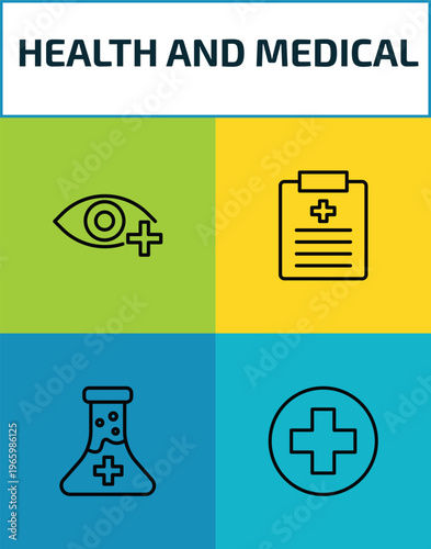 health and medical outline icon set. 4 linear vector for ui, web and mobile. thin line ophthalmology, medical report, medical substance, icons.
