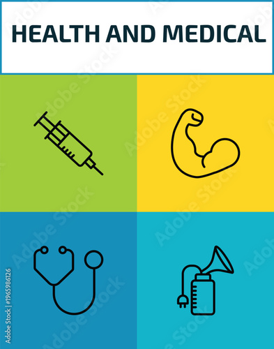health and medical outline icon set. 4 linear vector for ui, web and mobile. thin line injection, biceps, stethoscope, breast pump icons.