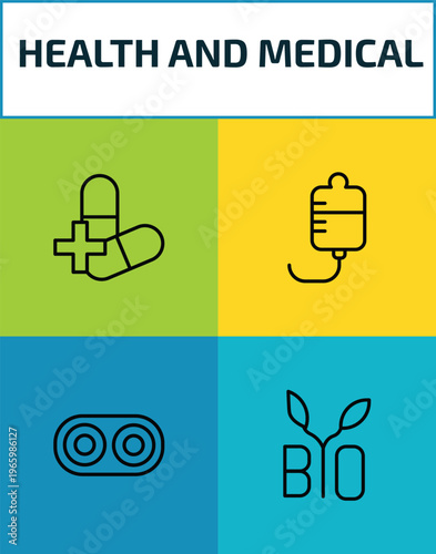 health and medical outline icon set. 4 linear vector for ui, web and mobile. thin line antibiotics, medical drip, optometrist, bio icons.