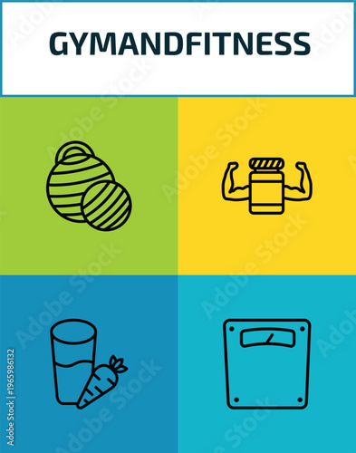 gymandfitness outline icon set. 4 linear vector for ui, web and mobile. thin line pilates ball, protein, vegetables juice, scale icons.