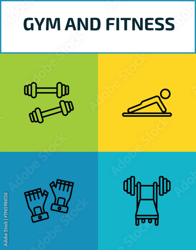 gym and fitness outline icon set. 4 linear vector for ui, web and mobile. thin line little dumbbell, , fitness gloves, barbell bench press icons.