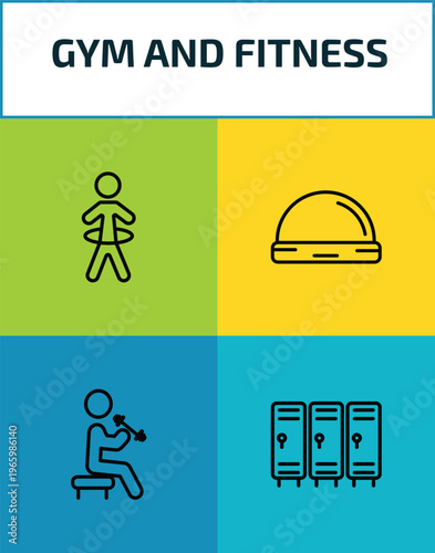 gym and fitness outline icon set. 4 linear vector for ui, web and mobile. thin line stick man hoop, bosu ball, dumbbells exercise, locker icons.