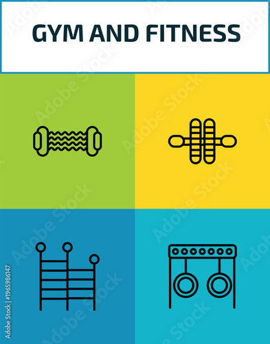 gym and fitness outline icon set. 4 linear vector for ui, web and mobile. thin line resistance, gymnastic roller, gym ladder, rings exercises icons.