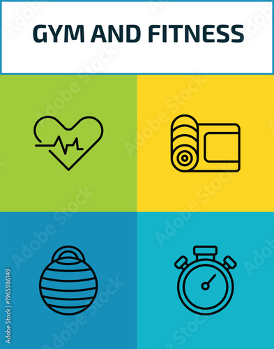 gym and fitness outline icon set. 4 linear vector for ui, web and mobile. thin line fitness heart, mat for fitness, ball, big stopwatch icons.