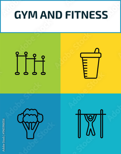 gym and fitness outline icon set. 4 linear vector for ui, web and mobile. thin line horizontal bar, protein shake, broccoli porcion, bar exercising icons.