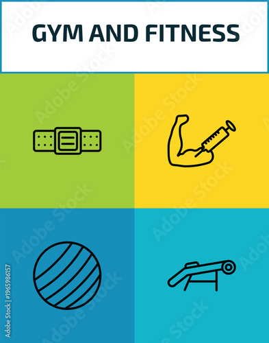 gym and fitness outline icon set. 4 linear vector for ui, web and mobile. thin line athletic strap, steroids, gymnastic ball, simulator for press icons.