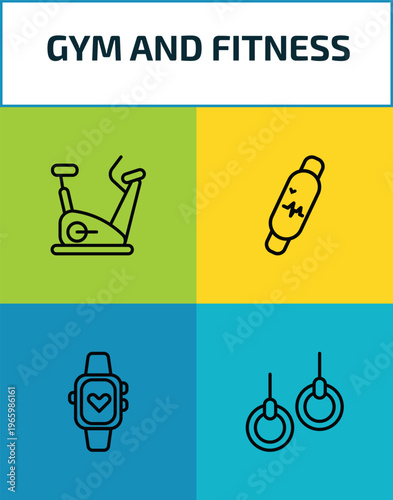 gym and fitness outline icon set. 4 linear vector for ui, web and mobile. thin line exercise bike, fitness bracelet, sport watch, gymnastic rings icons.