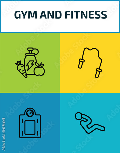 gym and fitness outline icon set. 4 linear vector for ui, web and mobile. thin line fitness food, skip rope, weighing scale, abdominal exercises icons.
