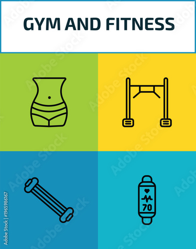gym and fitness outline icon set. 4 linear vector for ui, web and mobile. thin line fitness body, training apparatus, arms extender, fitness tracker icons.