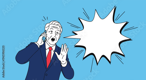 Shocked and surprised senior businessman in suit talking on a mobile phone with a large jagged empty speech bubble.