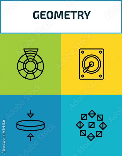 geometry outline icon set. 4 linear vector for ui, web and mobile. thin line color wheel, disk, flatten, polygonal ornament icons.