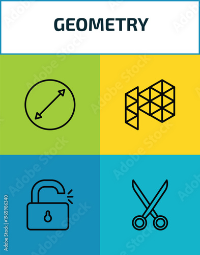 geometry outline icon set. 4 linear vector for ui, web and mobile. thin line diameter, polygonal megaphone, unlock, cut icons.