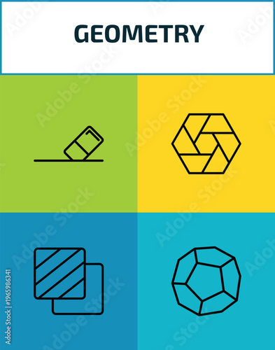 geometry outline icon set. 4 linear vector for ui, web and mobile. thin line erase, polygonal hexagon, foreground, dodecahedron icons.