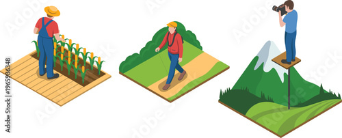 Isometric lifestyle scenes, farming agriculture, hiking adventure, photography travel, outdoor activities, people characters, nature exploration, countryside work, leisure concept illustration set