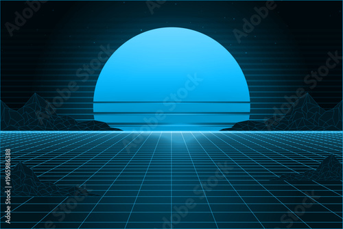 Abstract sunrise with soft gradient blue background | Stylized sunset or sunrise over gradient undulating surface