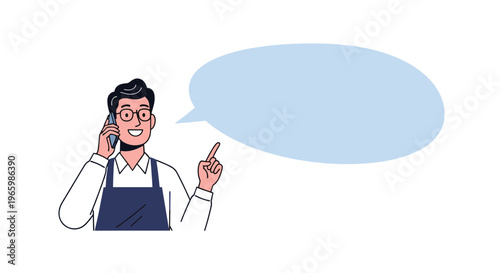 Smiling man wearing a dark apron talking on a smartphone while pointing towards a large empty light blue speech bubble.