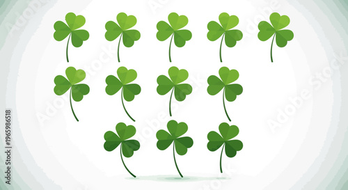 A vibrant collection of ten green shamrocks, meticulously arranged in a dynamic triangular pattern, symbolizing Irish heritage, good fortune, and festive celebrations.