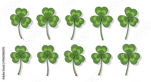 A vibrant collection of ten green shamrocks, each with three leaves, neatly arranged on a white background, symbolizing good luck and Irish traditions.