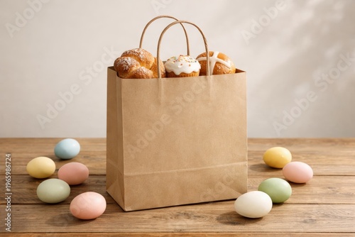 Brown paper bag with bakery pastries and pastel eggs on wooden table for easter gift packaging and market display