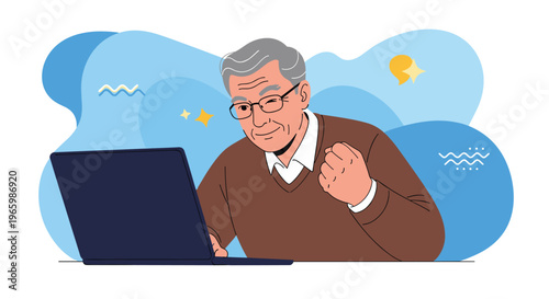 Joyful senior man with glasses celebrating success with a clenched fist while looking at his own laptop screen.