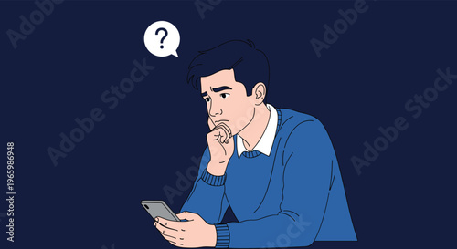 Young man in a blue sweater looking puzzled at his smartphone screen with a question mark speech bubble icon.