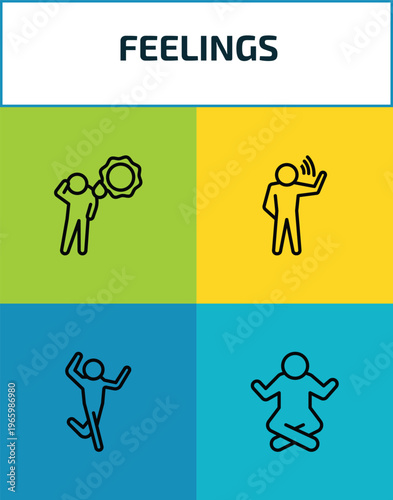 feelings outline icon set. 4 linear vector for ui, web and mobile. thin line hot human, blah human, silly human, relaxed icons.
