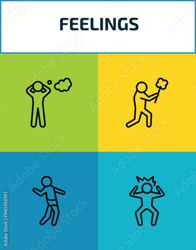 feelings outline icon set. 4 linear vector for ui, web and mobile. thin line stressed human, sorry human, sexy human, irritated icons.