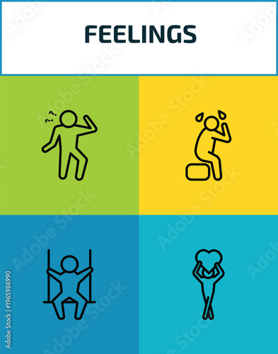 feelings outline icon set. 4 linear vector for ui, web and mobile. thin line curious human, depressed human, free human, in love icons.
