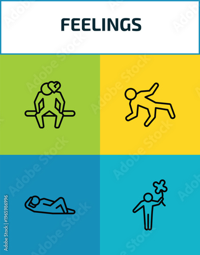feelings outline icon set. 4 linear vector for ui, web and mobile. thin line heartbroken human, ecstatic human, comfortable human, lucky icons.