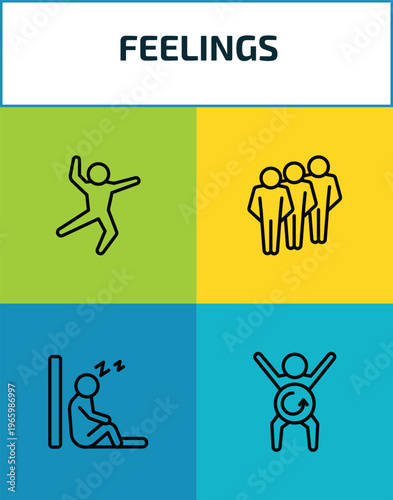 feelings outline icon set. 4 linear vector for ui, web and mobile. thin line stupid human, content human, sleepy human, refreshed icons.