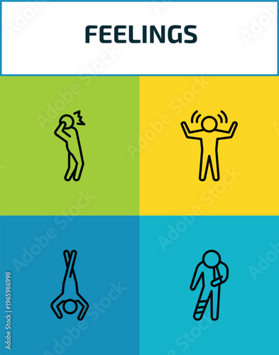 feelings outline icon set. 4 linear vector for ui, web and mobile. thin line scared human, amazed human, bored human, hurt icons.