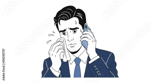 Anxious businessman on an urgent phone call wiping sweat from his forehead with a clean white tissue paper.