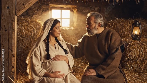 Pregnant woman and man sitting in a rustic barn with hay and a lantern in the background, looking at each other with care