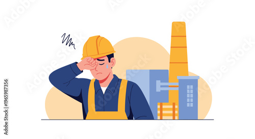 Exhausted male construction worker in a yellow safety helmet looking stressed at an industrial factory site.