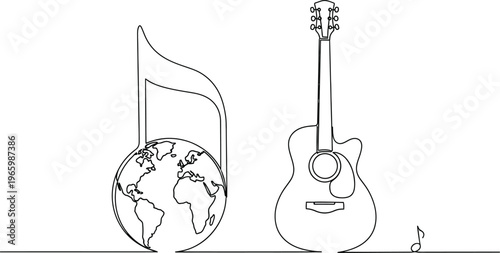 Minimalist guitar and globe music note outline for global audio art