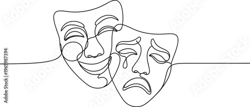 Continuous line drawing of comedy and tragedy theater masks icon set