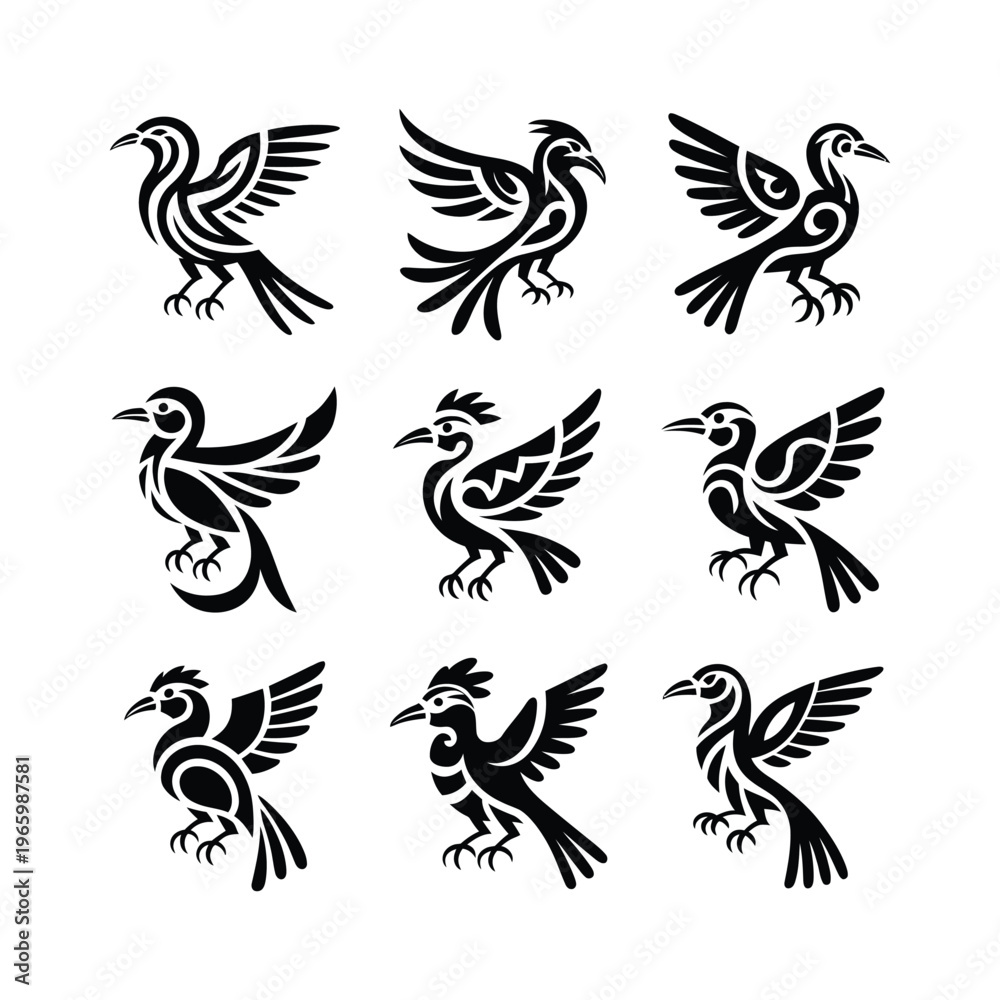 Fototapeta premium Collection of Nine Stylized Tribal Bird Silhouettes with Intricate Decorative Patterns