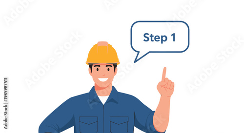 Active male construction worker in yellow hard hat pointing up with a speech bubble containing the text step one.