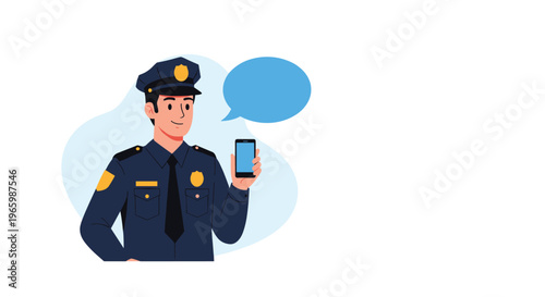 Police officer in uniform holding a black smartphone with a blank blue speech bubble on a clean background.