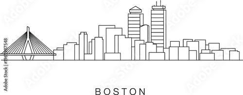 Boston city skyline with landmark buildings and bridge line drawing artwork