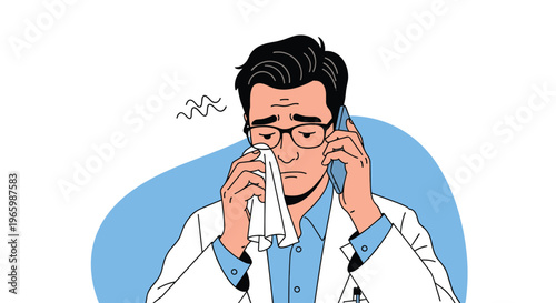 Stressed male doctor in white coat on a phone call wiping sweat from his face with a tissue in frustration.