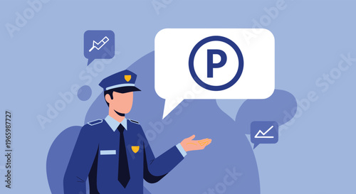 Police officer in blue uniform presenting a circular parking symbol within a speech bubble on blue background.