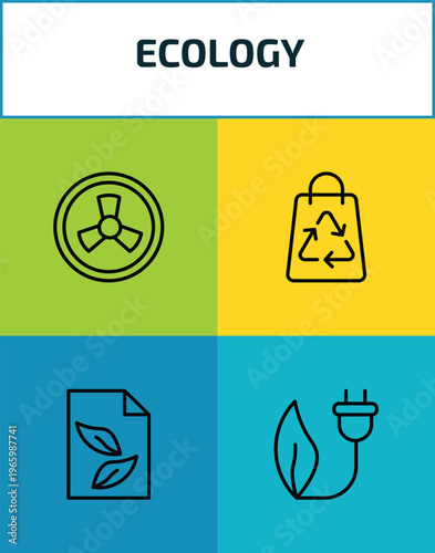 ecology outline icon set. 4 linear vector for ui, web and mobile. thin line nuclear energy, recycled bag, eco paper, eco power icons.