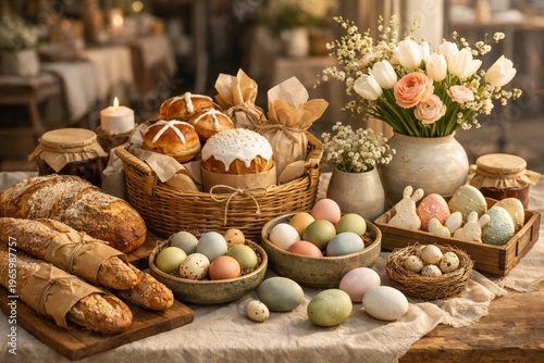 Easter brunch spread with braided loaves, painted eggs, flowers and baked goods for spring market banner