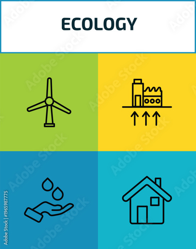 ecology outline icon set. 4 linear vector for ui, web and mobile. thin line wind mill, geothermal energy, raindrop on a hand, green house icons.