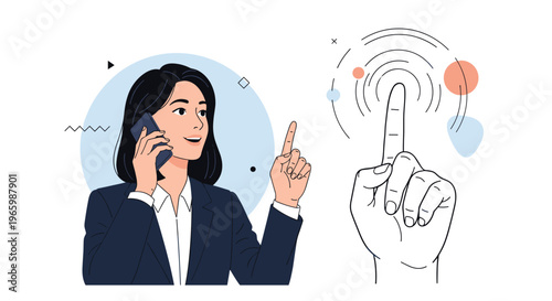 Professional woman on phone call pointing at a digital touchscreen gesture icon with circular radiating lines.